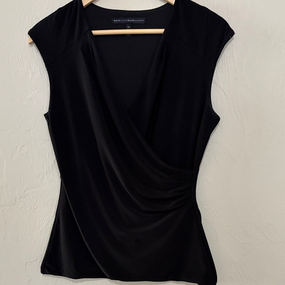 White House Black Market Black Surplice Cap Sleeve Ruched Top. Worn Once!